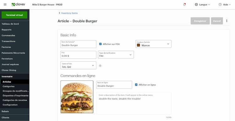 Écran de commande en ligne de Clover.