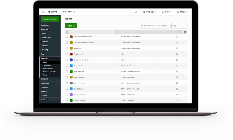 Black laptop with Clover Dashboard Inventory screen