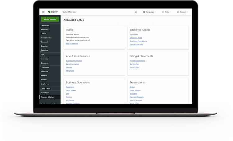 Black laptop with Clover Dashboard Account & Setup screen