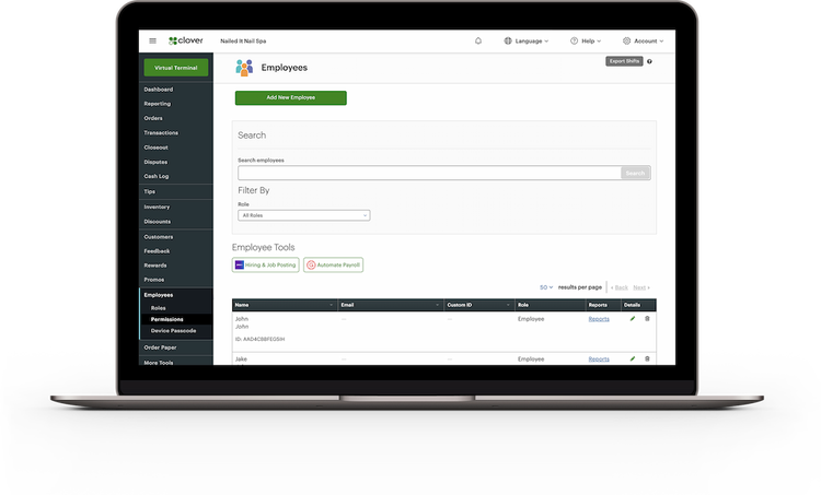 Black laptop with Clover Dashboard Employee screen