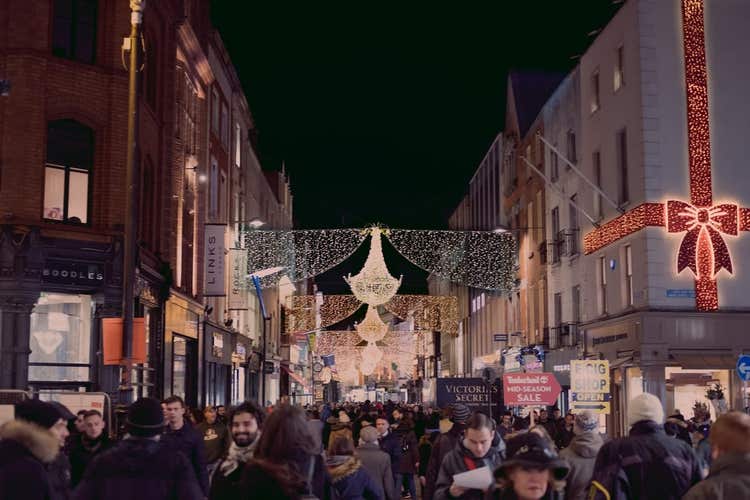 Holiday shoppers on crowded street
