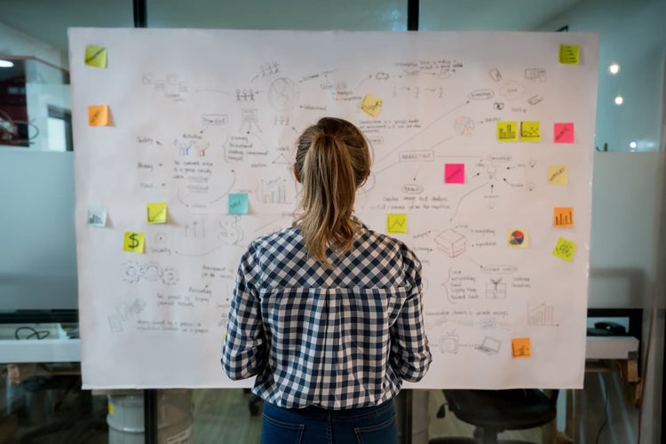 Woman standing in front of a project plan