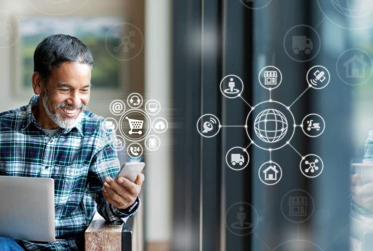 Man looking at phone, multi-channel marketing graphic
