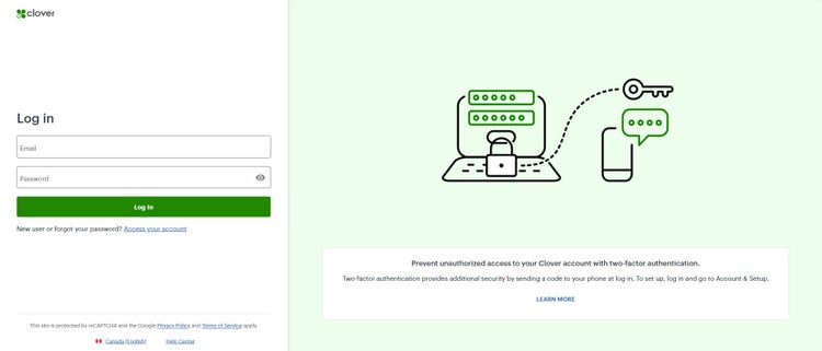 Clover Dashboard sign in page
