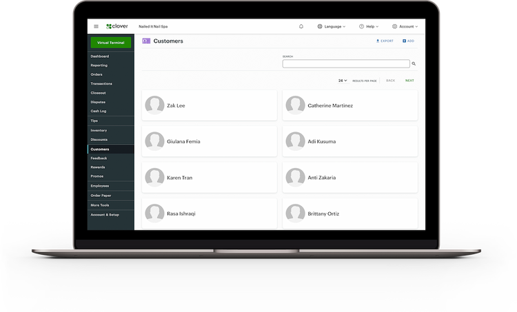 Black laptop with Clover Dashboard customer management screen.