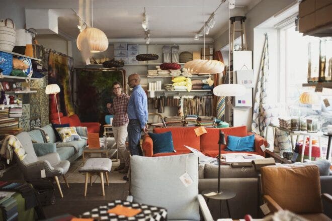 Customer looking at sofa