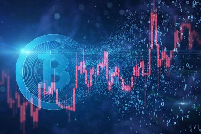 Bitcoin symbol on a data graph