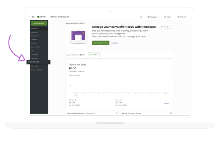 Time Clock interface on Clover Dashboard