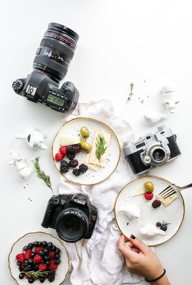 Cameras and plates of food