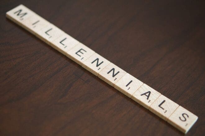 Millennials spelled in Scrabble tiles