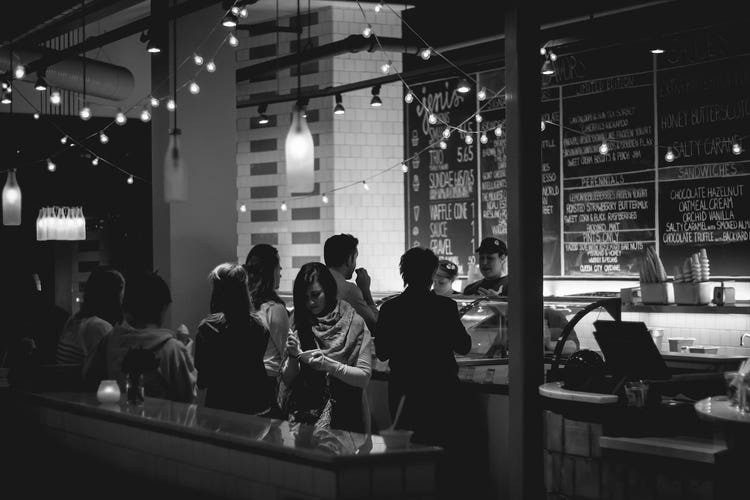Black and white image of ice cream shop