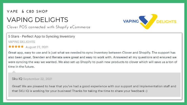 Vaping Delights testimonial: Easy to sync systems and save time