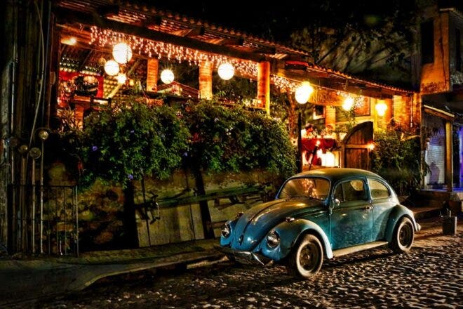 Volkswagen Beetle in front of restaurant