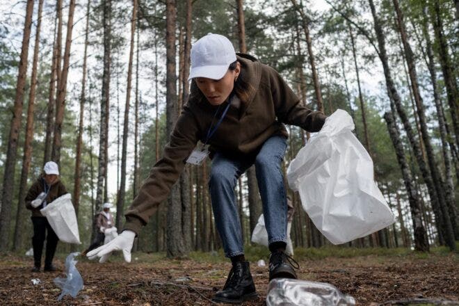 Volunteer group picking up trash in woods