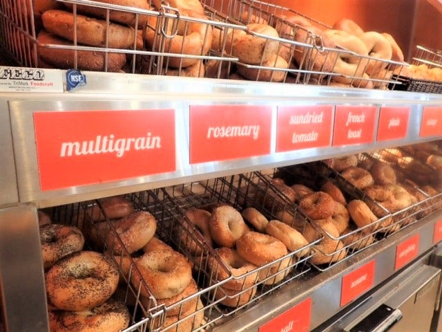 Bagel rack at Bagels & Brews