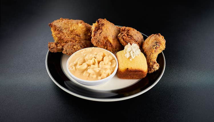 fried chicken, mac and cheese, and a biscuit from Big Mama's