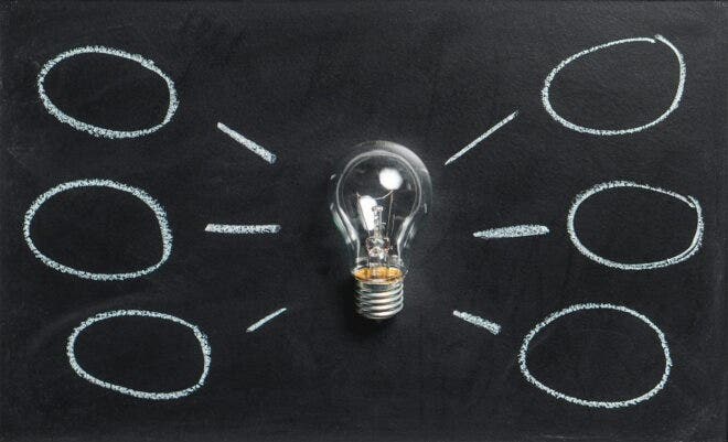 Glass light bulb and hand-drawn circles on black chalkboard background