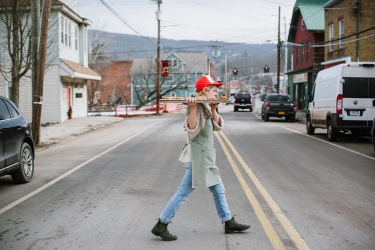 Crossing the street with bakery