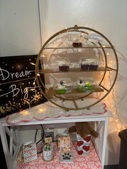 Assorted sweets in decorative, round display shelving