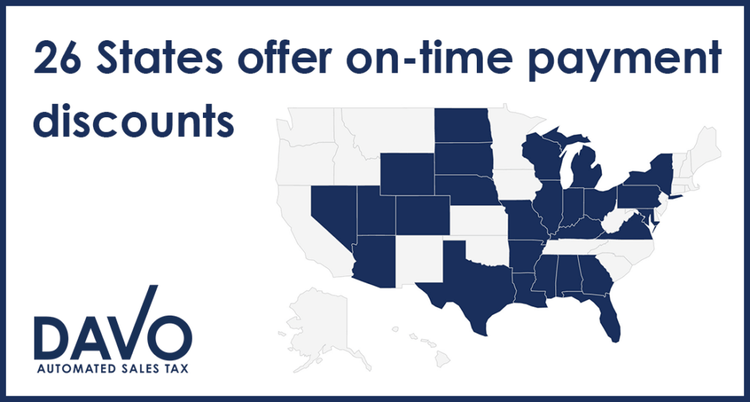 graphic displaying states with on-time payment discounts for sales tax