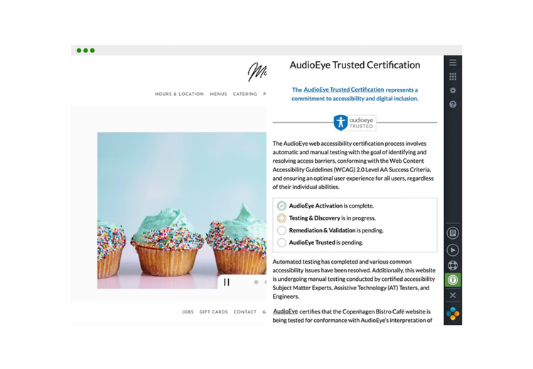 Restaurant website displayed featuring an AudioEye Trusted Certification seal to indicate ADA compliance.