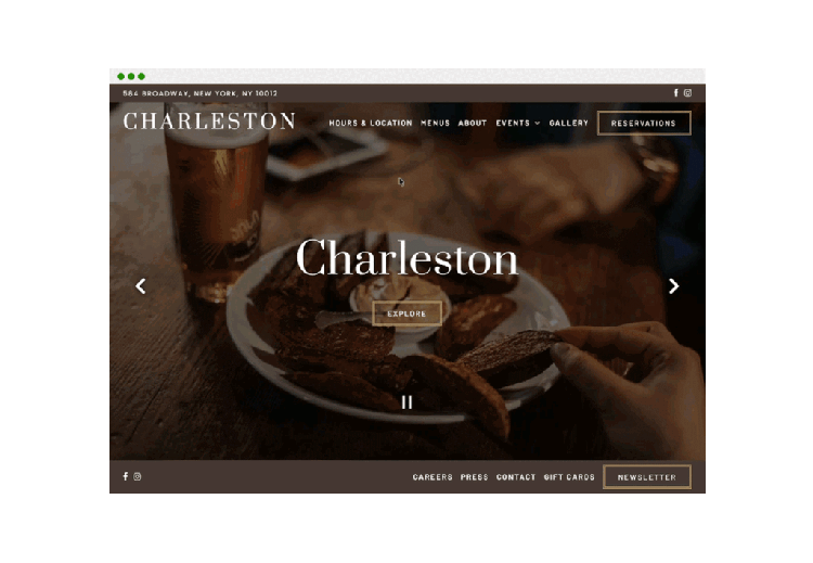 Website homepage example for the Charleston restaurant