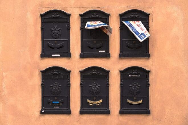 Six mailboxes on a wall