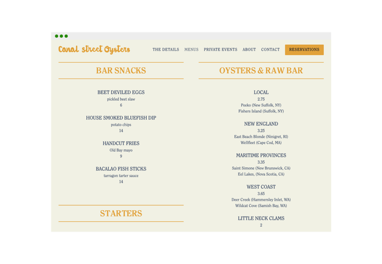 Website menu example of the Canal Street Oysters restaurant