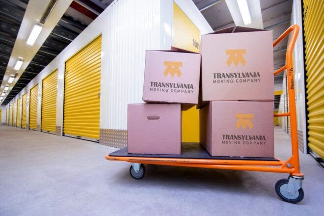 Boxes on a dolly in a storage facility