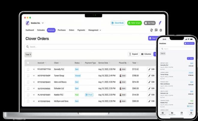 Invoiss interface on laptop and phone