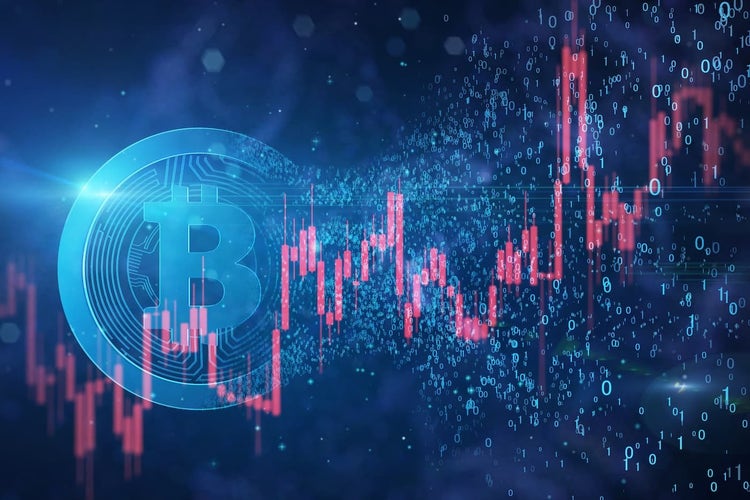 Bitcoin symbol on a data graph