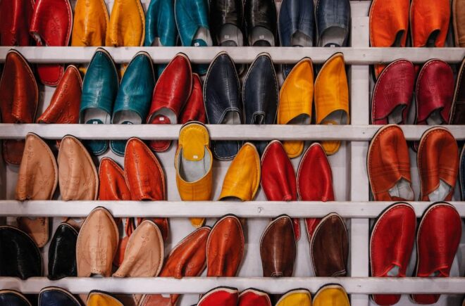 Racks of multi-colored shoes