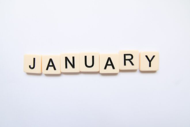 January spelled in letter tiles