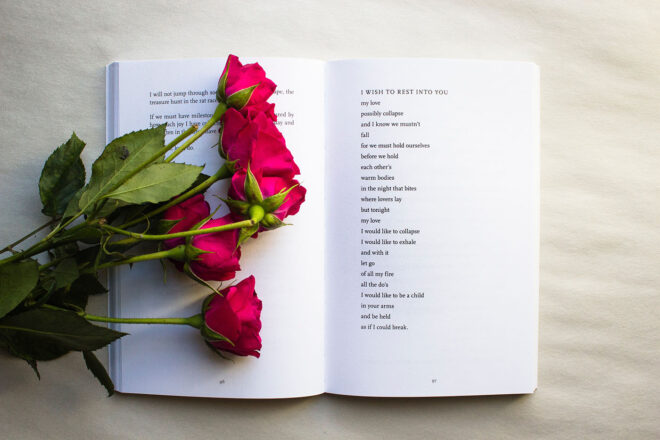 Roses laying on open poetry book