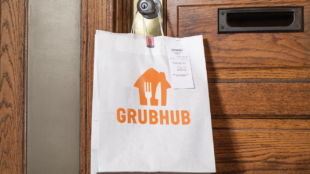 Grubhub bag hanging on door