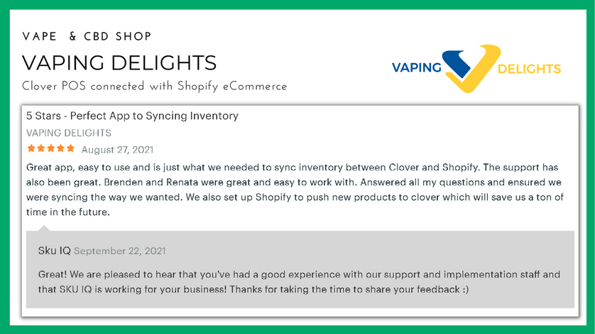 Vaping Delights testimonial: Easy to sync systems and save time