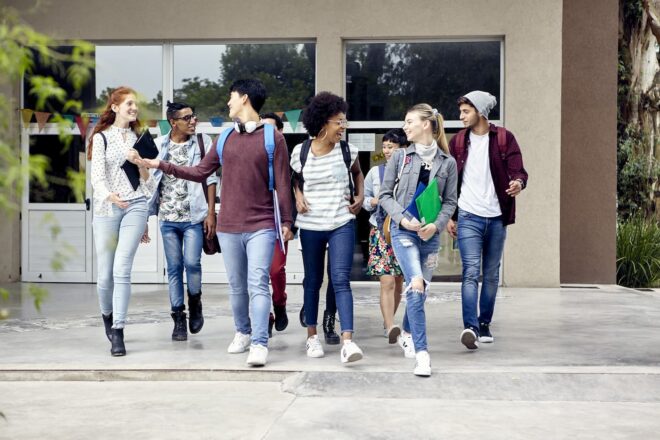 Group of teens leaving school