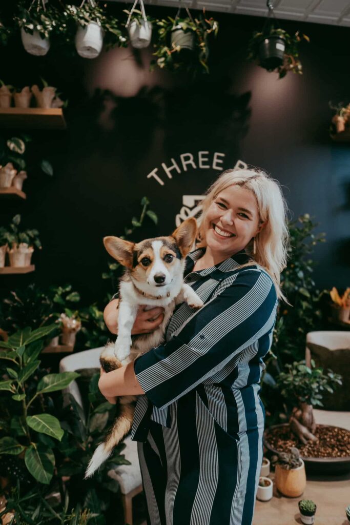 3B's Flowers owner with her pet corgi