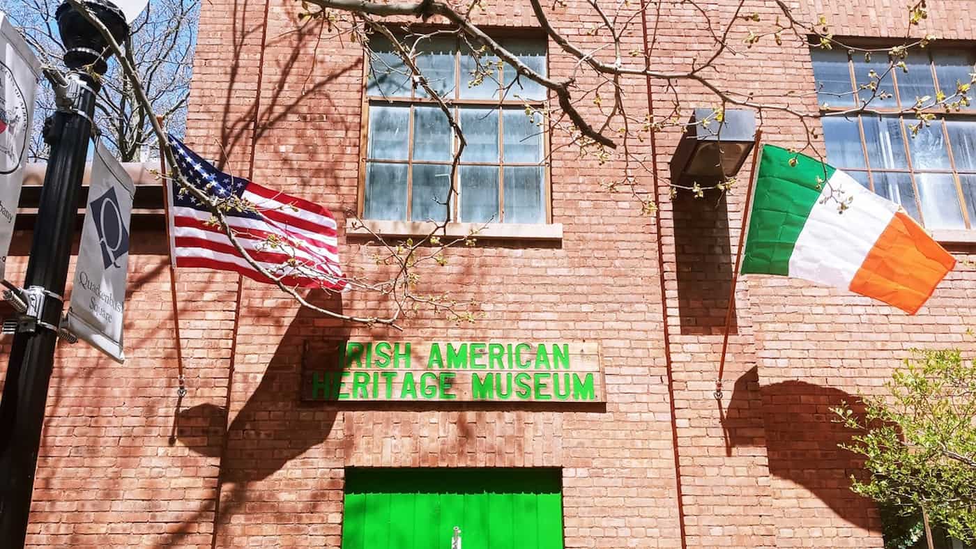 Flags at front door of Irish American Heritage Museum