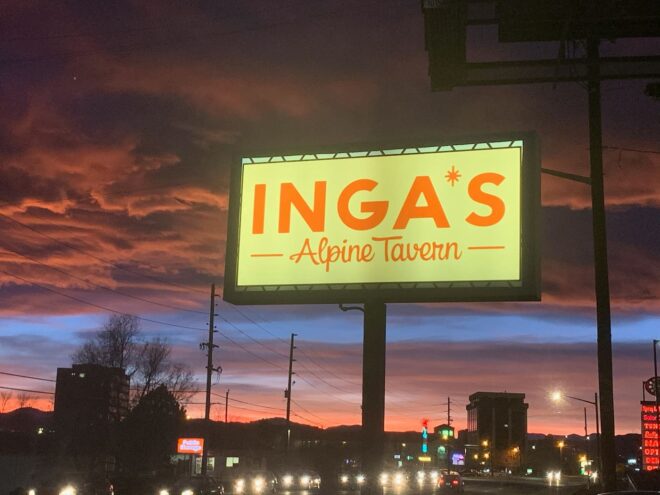 Sign outside Inga's Alpine Tavern