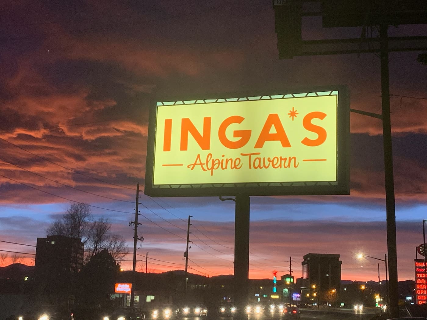 Sign outside Inga's Alpine Tavern