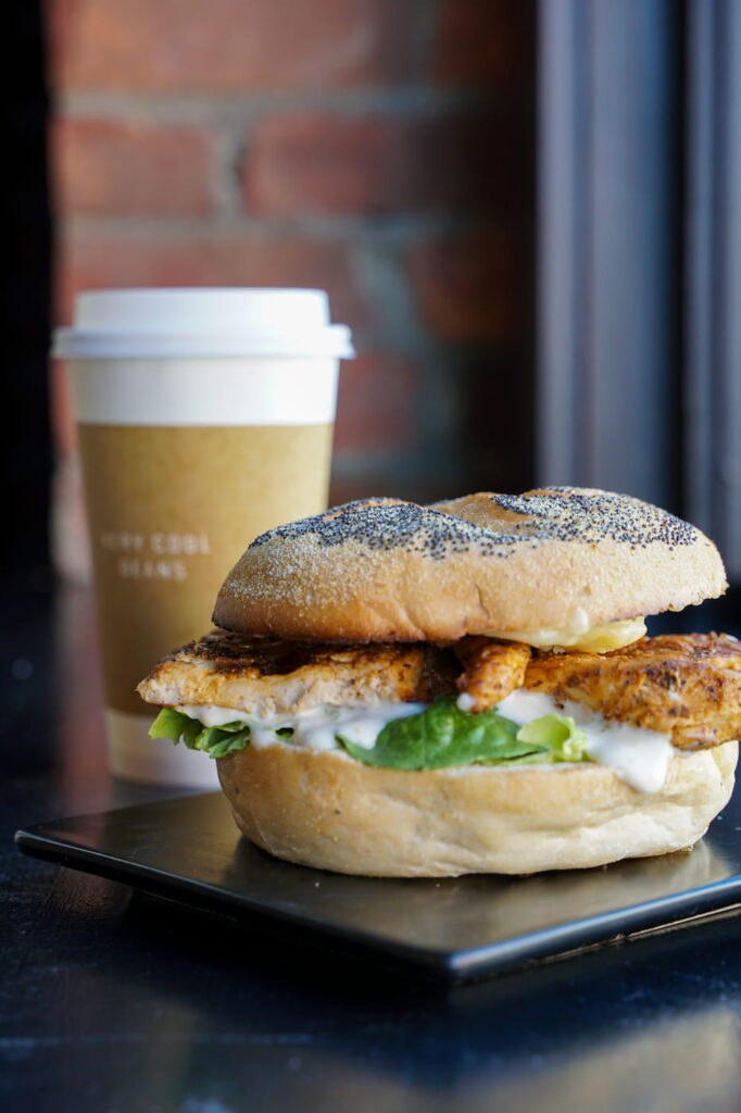 everything bagel sandwich with cup of winfield street coffee