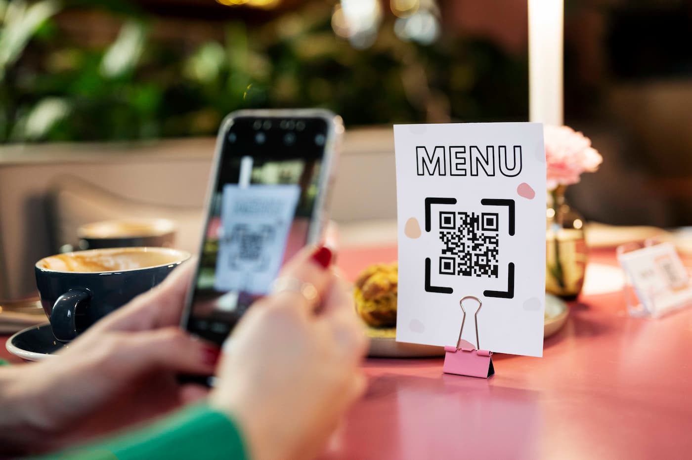 Person scanning QR code menu on table
