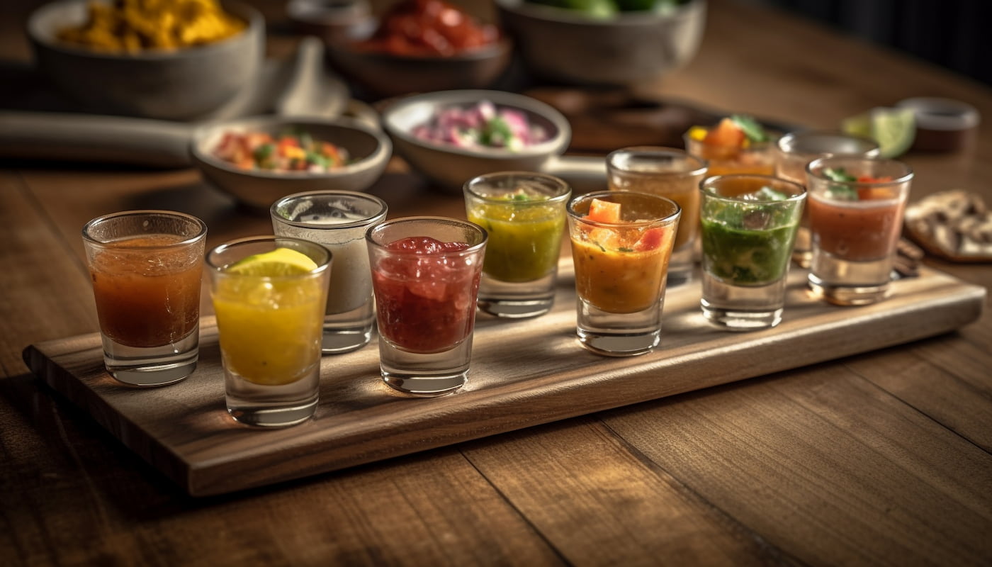 Flight of tiny mixed cocktails on a table