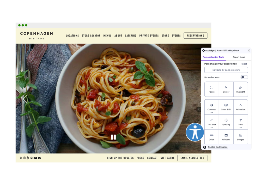 Copenhagen Bistros website homepage with an integrated accessibility toolbar.