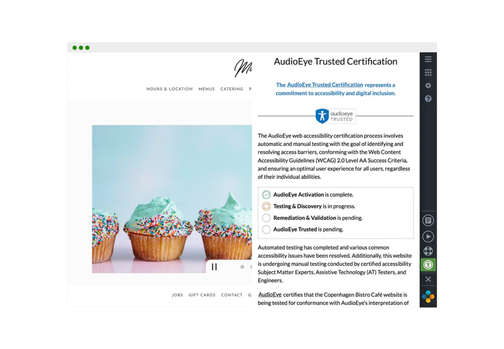 Restaurant website displayed featuring an AudioEye Trusted Certification seal to indicate ADA compliance.
