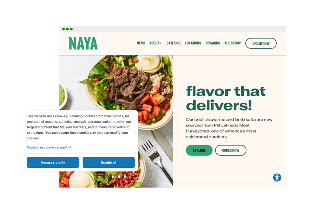 Naya restaurant website with a cookie consent banner at the bottom of the screen asking for user privacy preferences