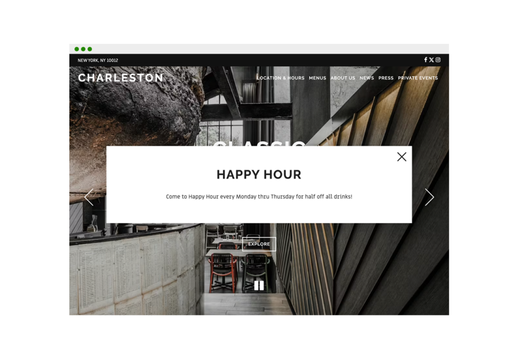 Charleston restaurant website home page with a dynamic banner ad showing graphic text about daily happy hour specials