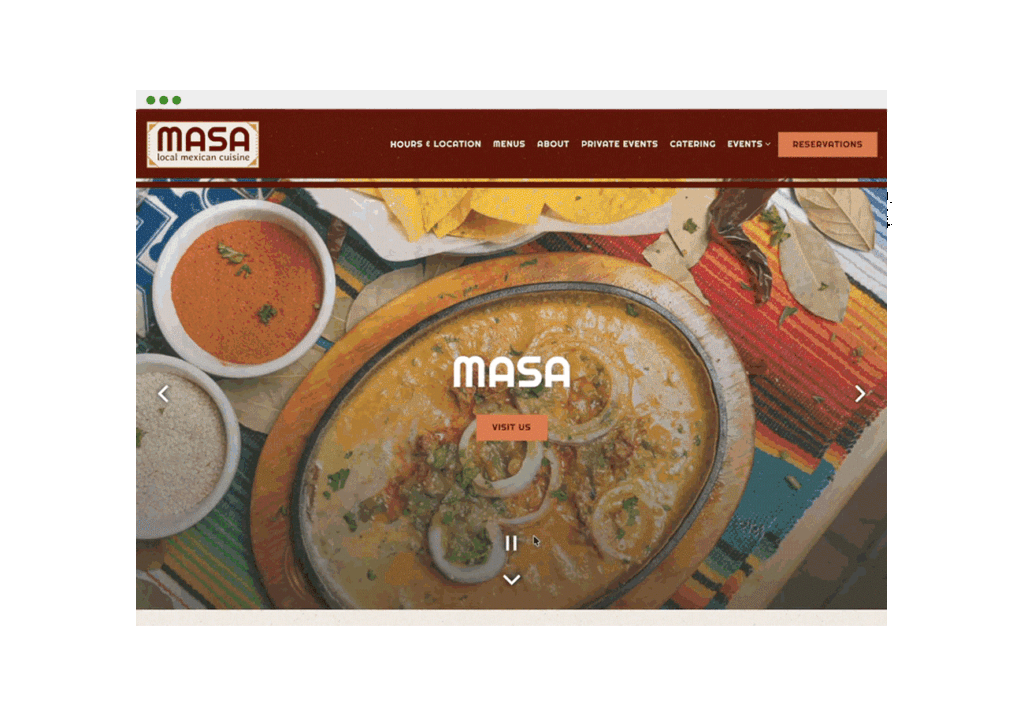 Masa website homepage with an integrated play/pause button