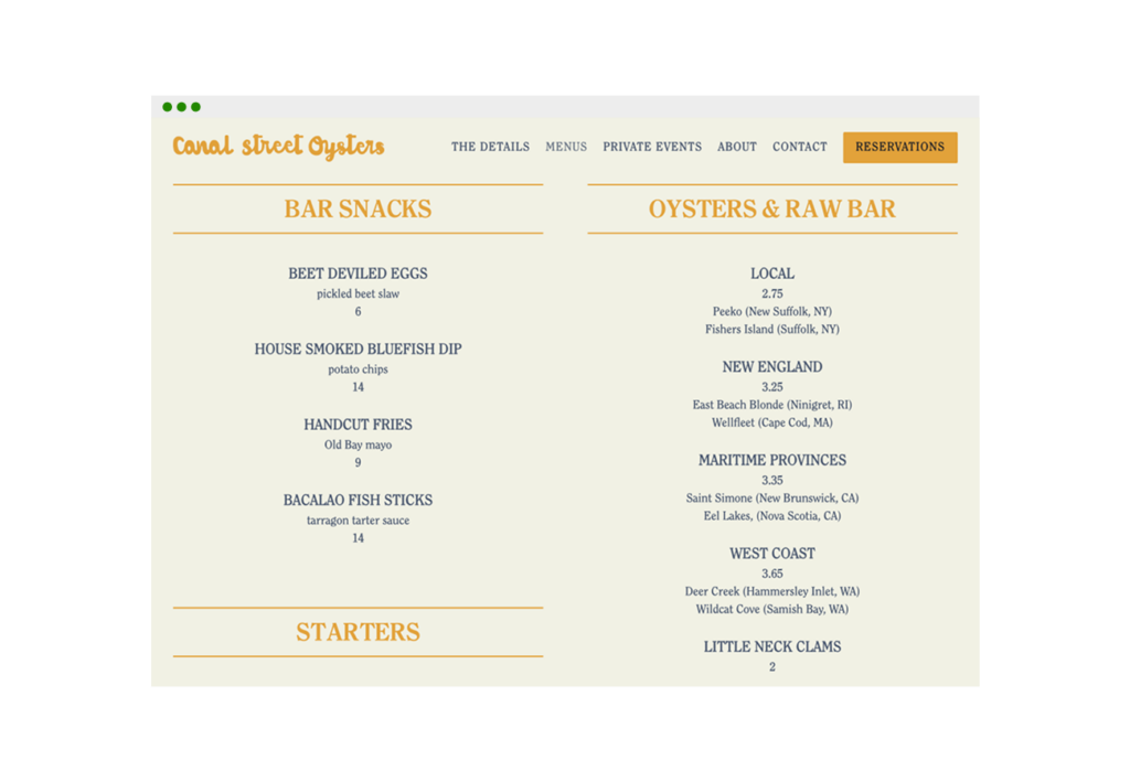 Website menu example of the Canal Street Oysters restaurant